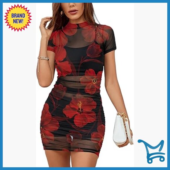 Dresses & Skirts - Mesh Bodycon Dress Set 3 Piece Outfit Short Sleeve Mini